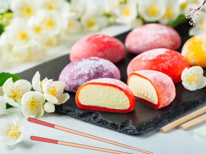 Assorted mochi food: a variety of mochi rice cakes with different colors and textures.