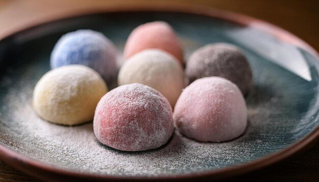 A beautifully arranged plate of colorful Japanese mochi, showcasing different flavors and fillings, served on a traditional ceramic dish.