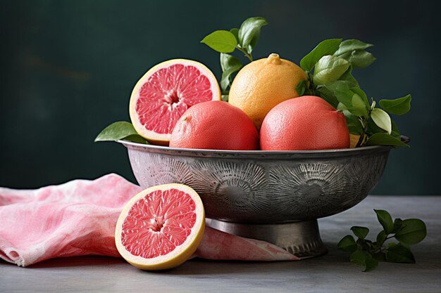 Fresh grapefruit displayed in a vintage metal bowl, showcasing their natural sweetness and vibrant color against a textured background.