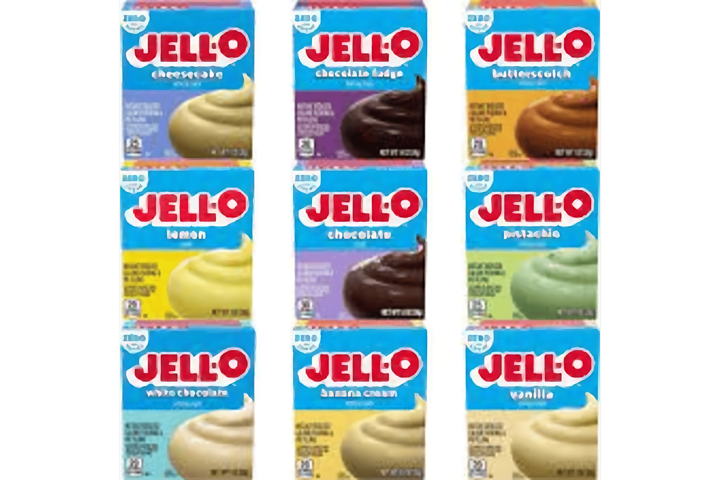 Assorted Jello pudding flavors displayed in clear cups, including vanilla, chocolate, and butterscotch.