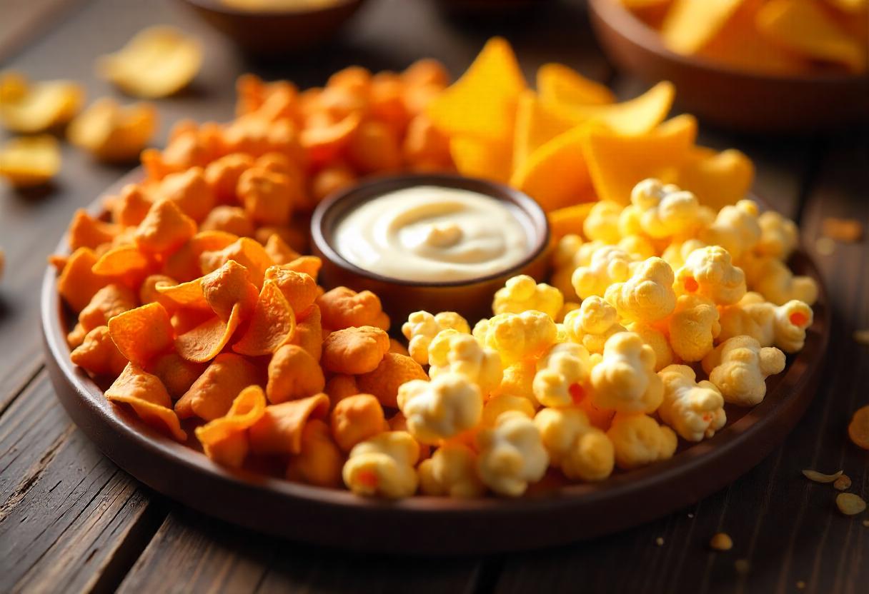 A colorful snack platter featuring an assortment of flavored popcorn chips, including BBQ, cheddar, and caramel varieties.