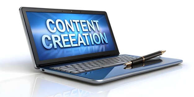 3D illustration of a floating laptop and pen with 'Content Creation' text, symbolizing digital marketing and content development.