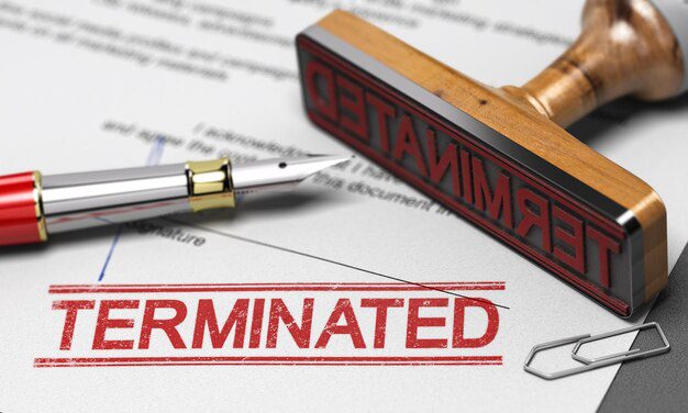 3D illustration of a contract termination agreement letter with a rubber stamp indicating 'terminated,' representing the concept of ending agreements.