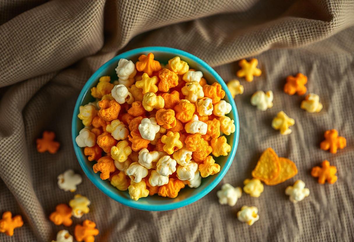 Bowl of colorful popcorn chips with various seasonings, showcasing a variety of flavors.