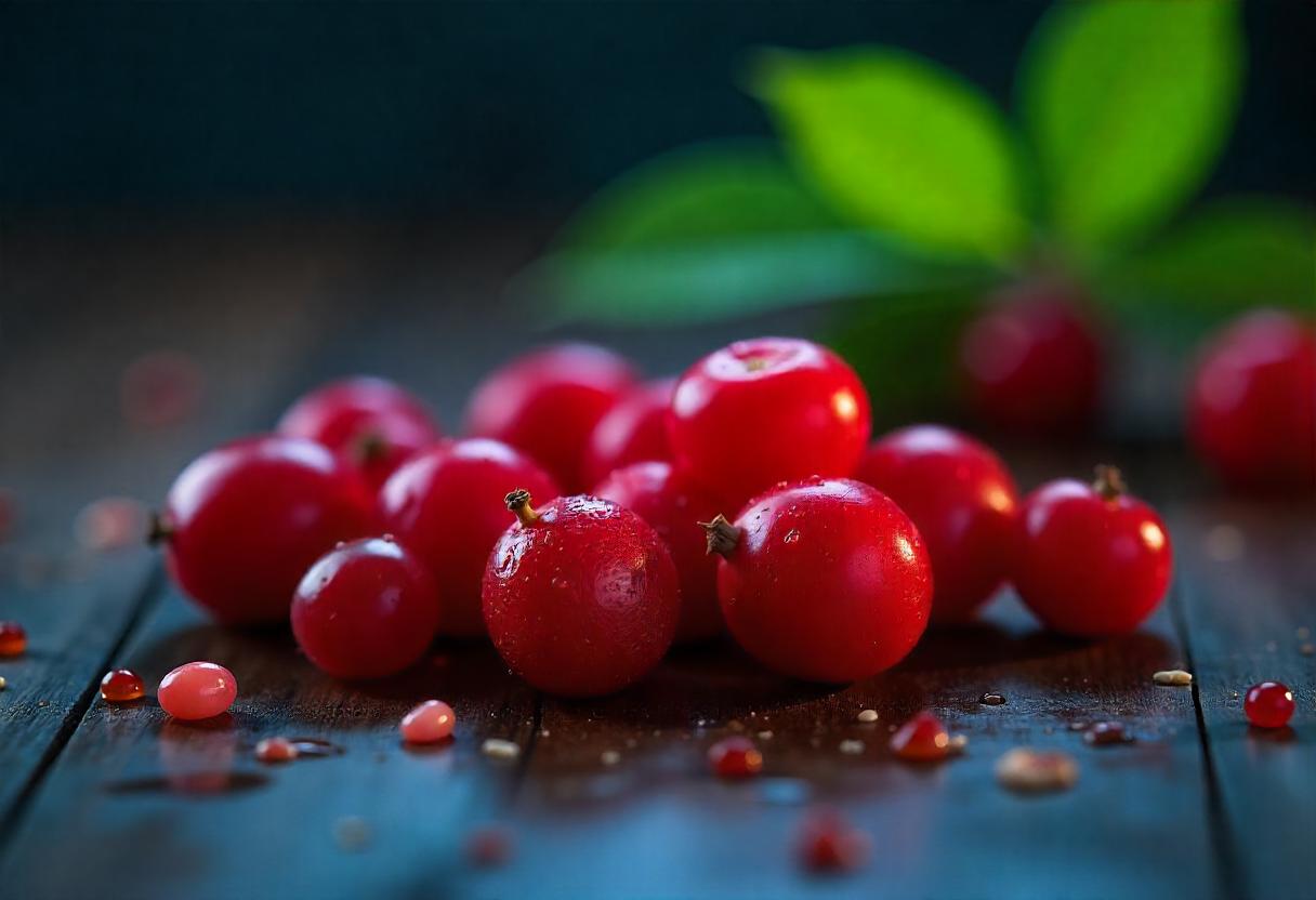 Fresh, vibrant red cranberries scattered on a white background, highlighting their natural color and texture."