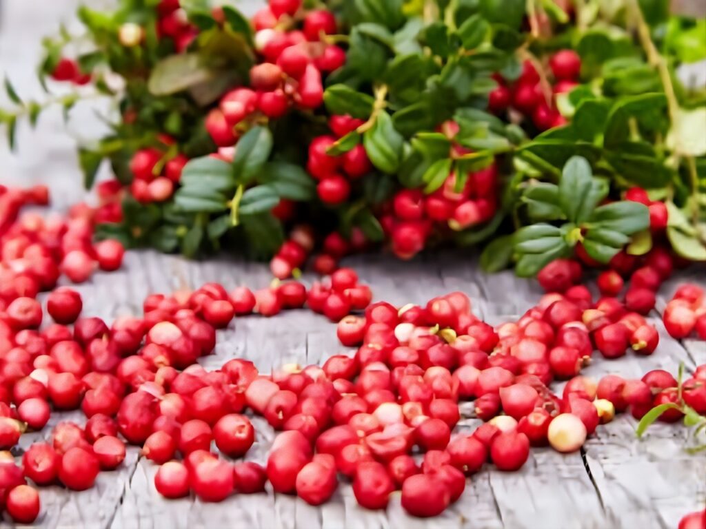 Fresh cowberries scattering on a rustic wooden table, highlighting their vibrant red color and natural texture, showcasing the essence of wild berries.”