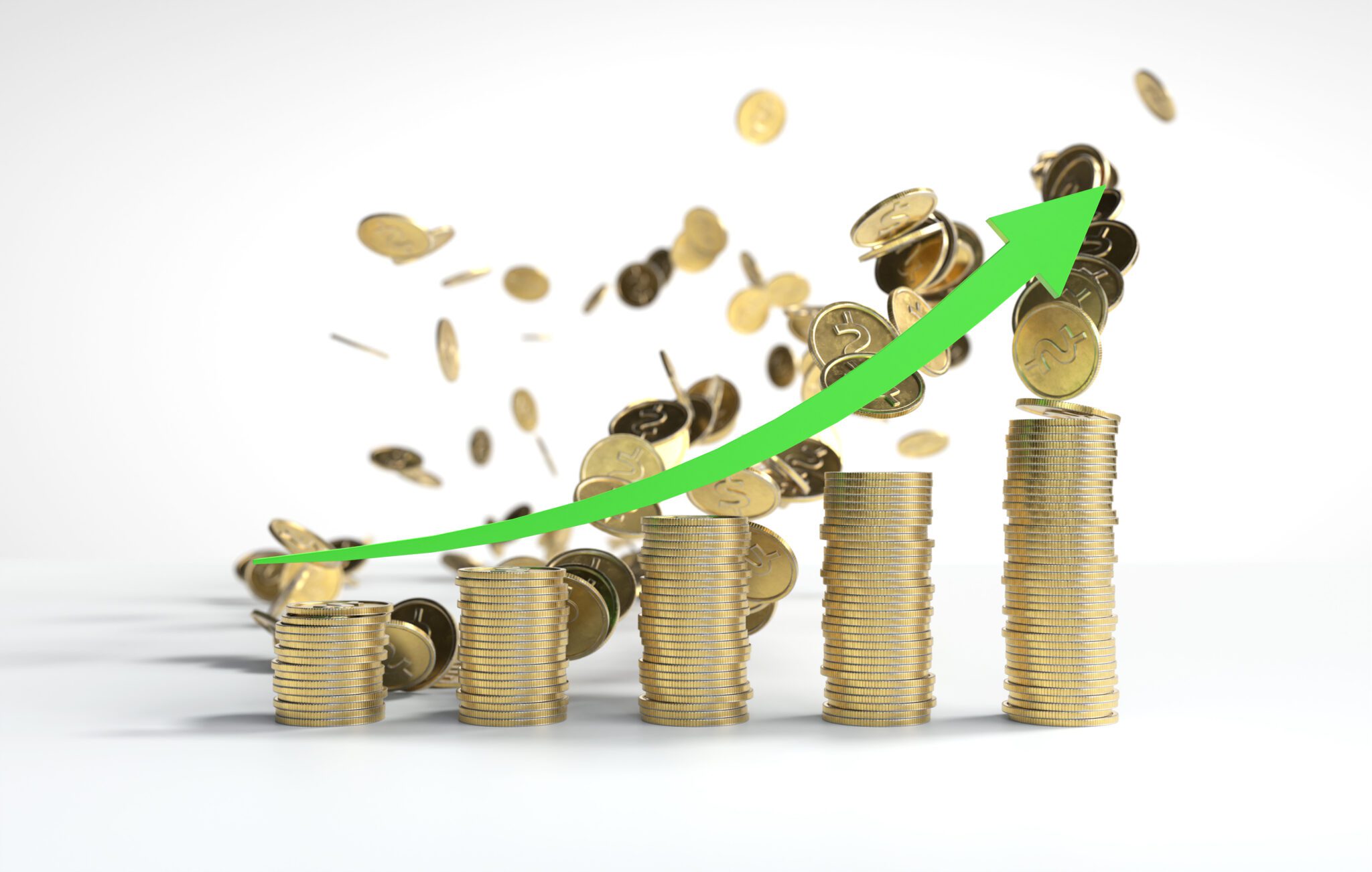 Green arrow indicating growth over stacks of coins arranged in a bar graph, symbolizing financial success and upward trends.