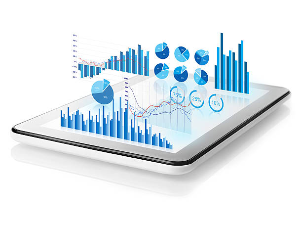 A digital tablet displaying various colorful diagrams and graphs projecting upwards, illustrating data analysis and business growth, emphasizing the importance of technology in tracking performance metrics.