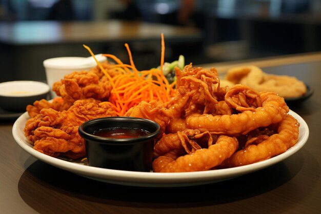 A vibrant platter of Korean snacks, featuring crispy fried dumplings, spicy chicken bites, and tater tots, served with a side of ketchup.