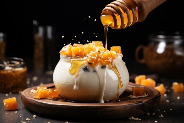 A refreshing glass of lassi drizzled with honey, showcasing the delicious versatility of creamed honey in drinks.