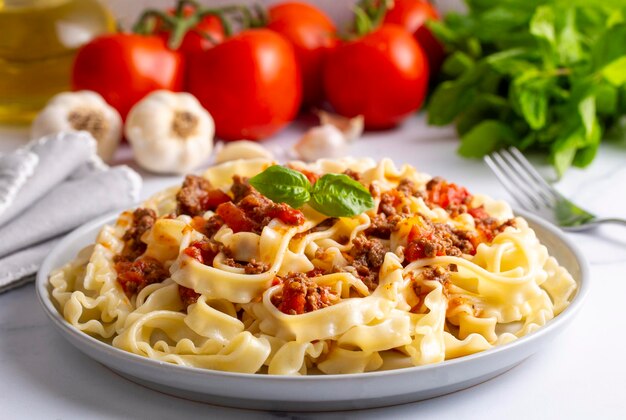 Mafaldine pasta beautifully presented with Bolognese sauce on a wooden table, accompanied by colorful ingredients like cherry tomatoes and basil.