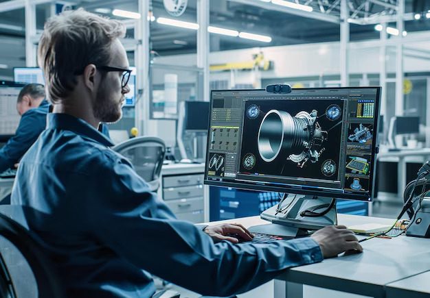 Portrait of a young male 3D designer working on modern vehicle parts using a computer, demonstrating creativity and technical skills in design.