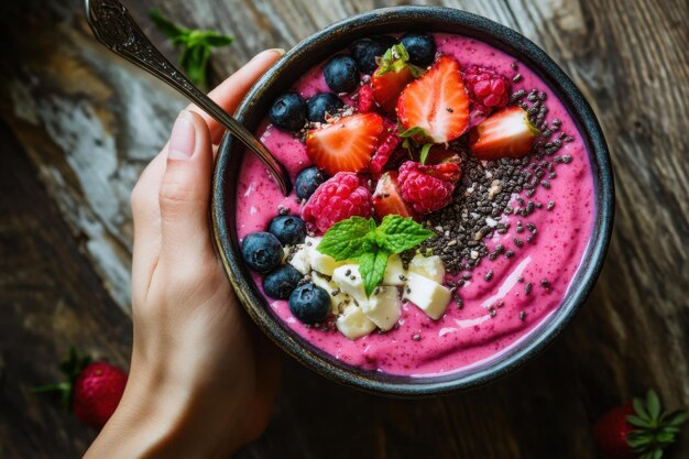 A vibrant berry smoothie bowl topped with fresh fruits, showcasing the health benefits of cowberries and other berries.