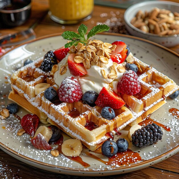 Artfully arranged plate of waffles with various toppings, perfect for breakfast ideas.