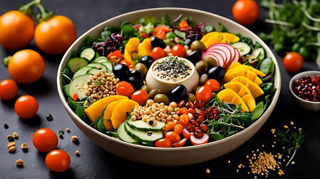 A vibrant nourish bowl filled with a variety of fresh vegetables, quinoa, avocado, and topped with a drizzle of tahini dressing.