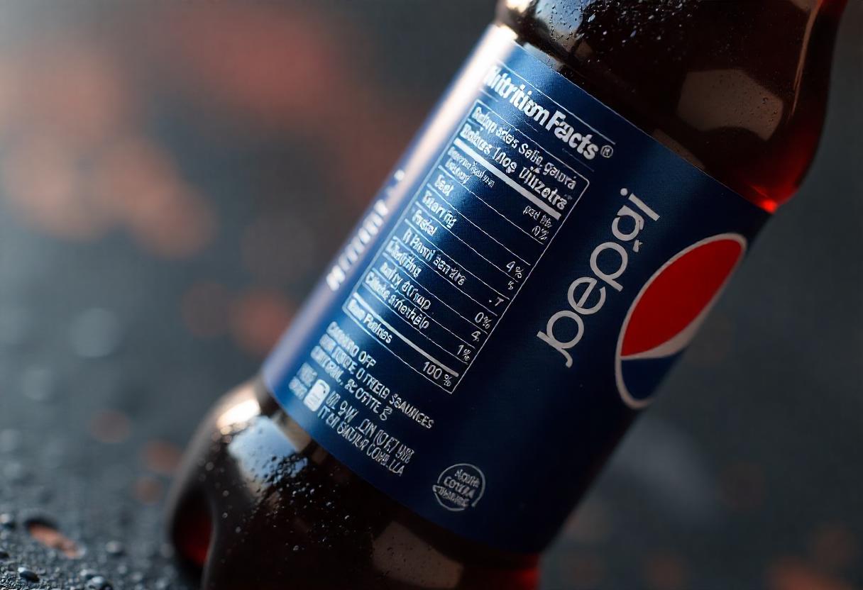 Nutritional facts label of Diet Pepsi highlighting calories and ingredients.