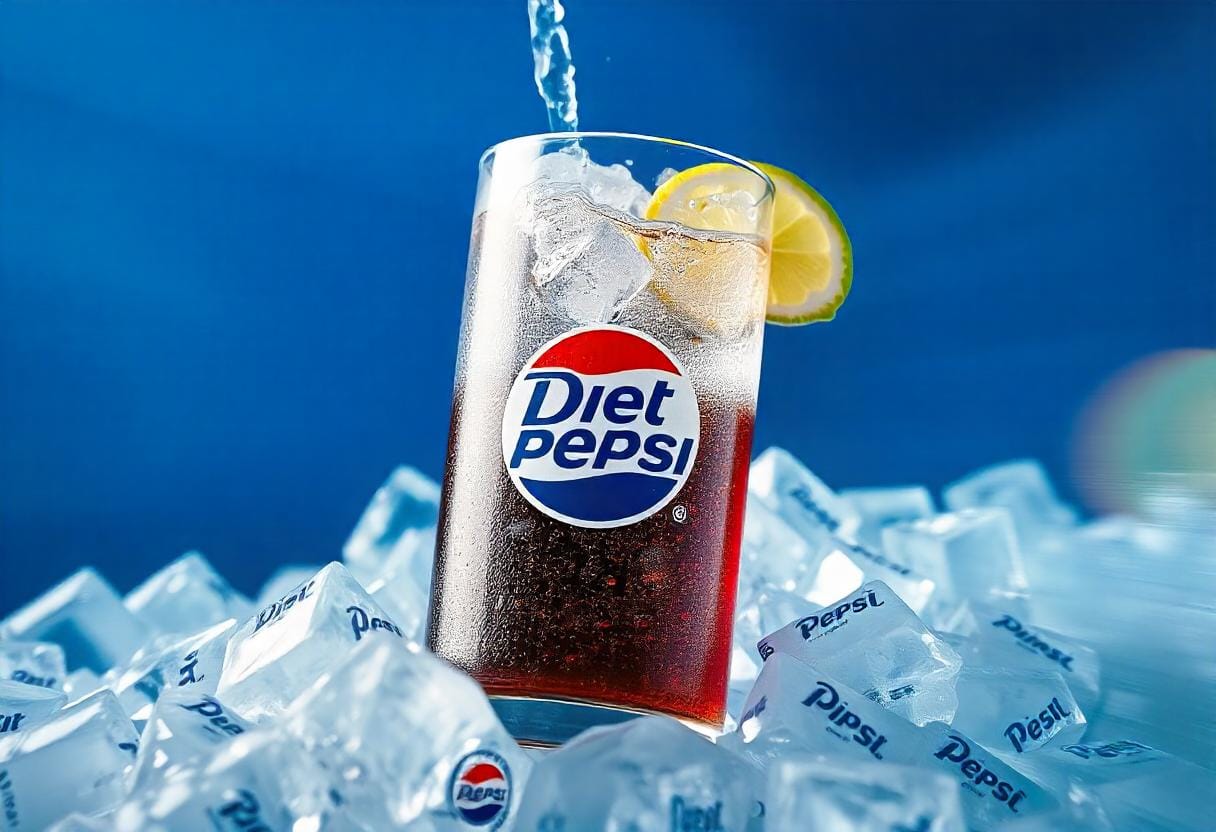 Refreshing Diet Pepsi served over ice with a slice of lime, promoting a healthy lifestyle.