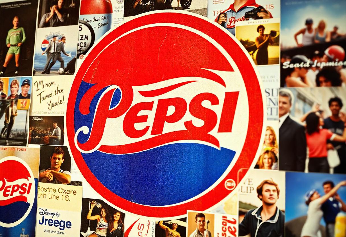 Collage of iconic Pepsi logos and marketing materials showcasing the brand's evolution and cultural impact.