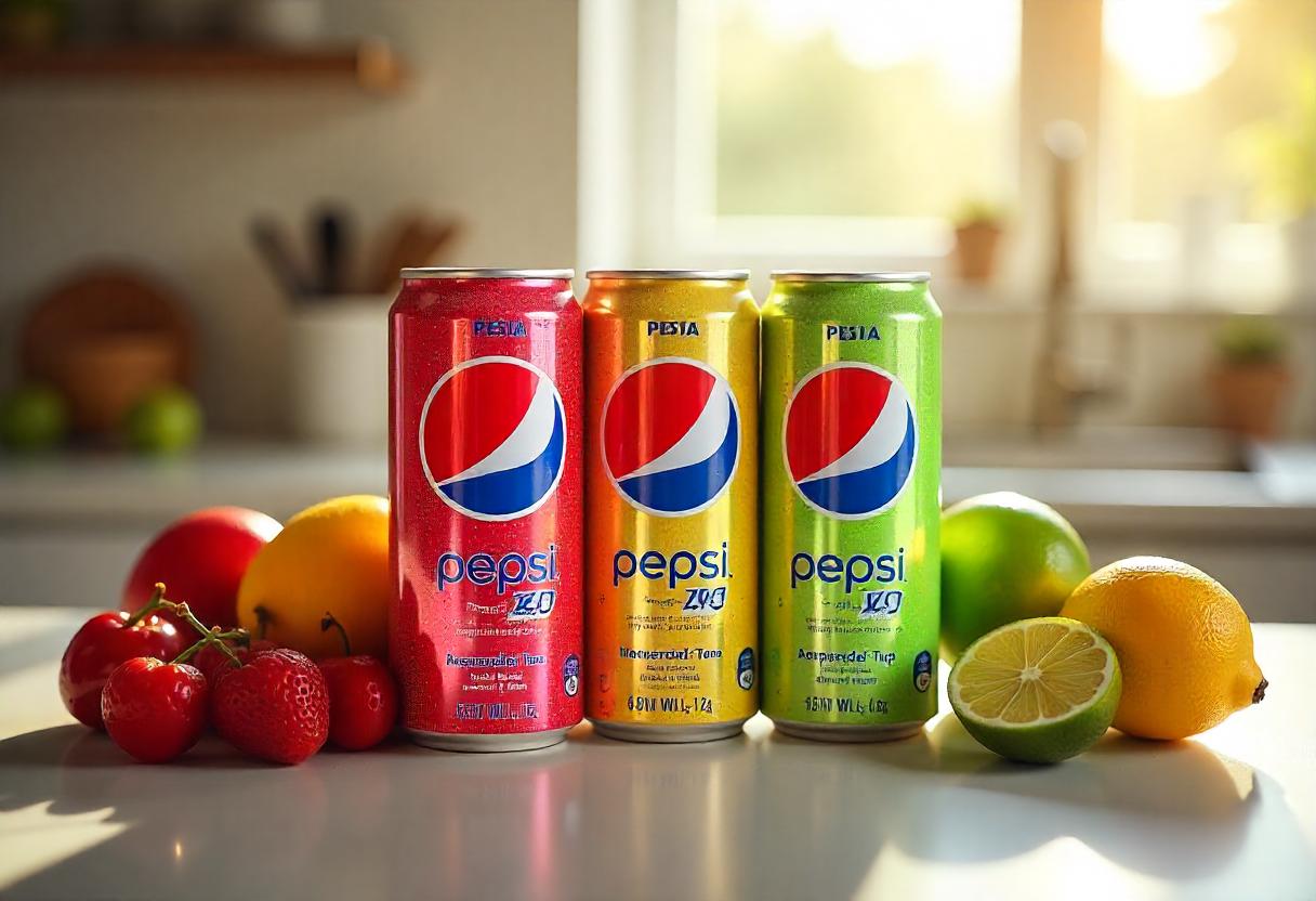 Pepsi Zero Sugar flavors - Lime Twist, Wild Cherry Fusion, Bold Dark Cola, and Peach Splash.