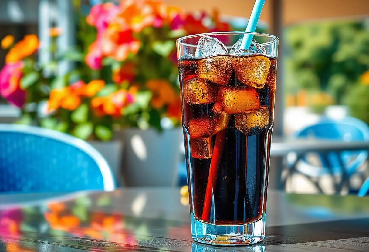 A glass of cola with ice symbolizes a refreshing Pepsi caffeine-free soda option.