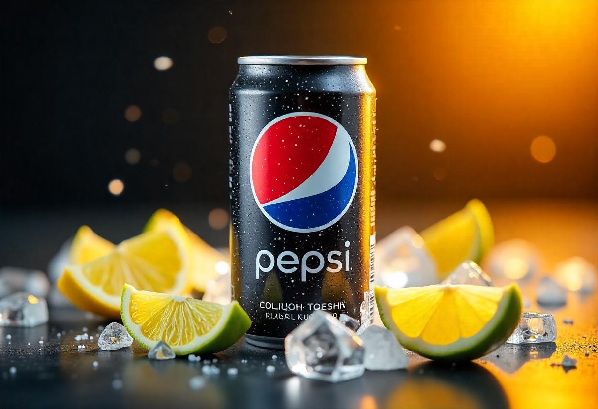 Chilled Pepsi Zero Sugar can with ice and lemon slices - a refreshing, sugar-free beverage option.