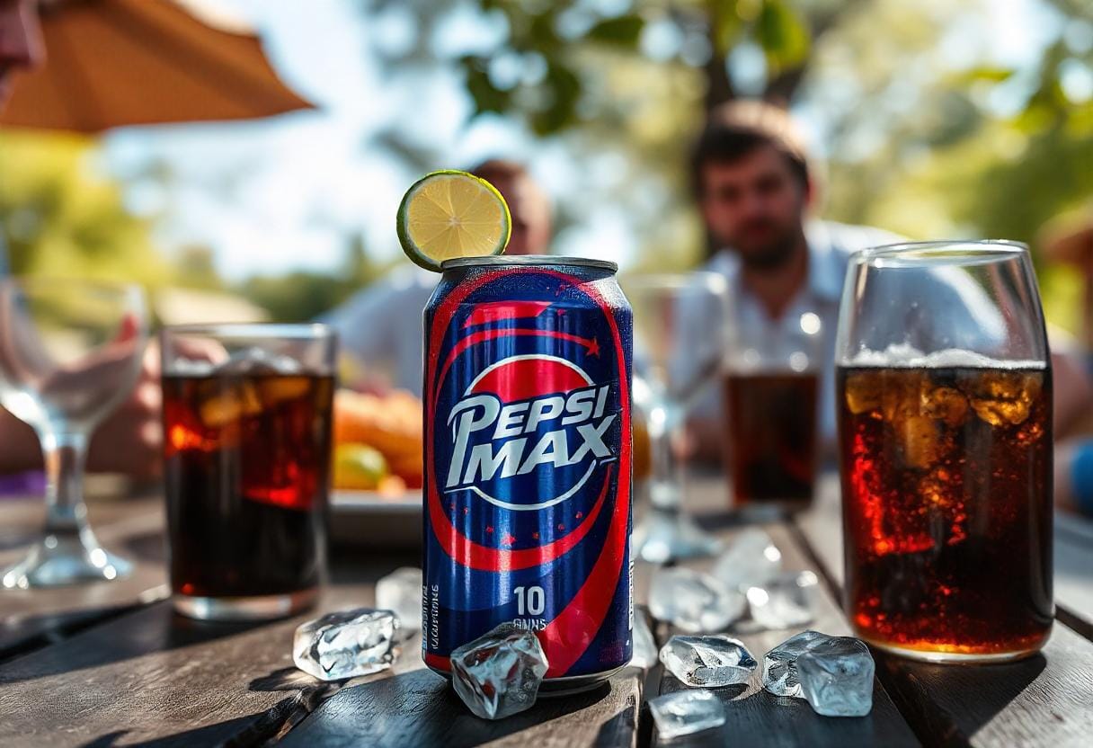 Chilled can of Pepsi Max on a picnic table with ice and a slice of lime, enjoyed by friends in a sunny outdoor setting.