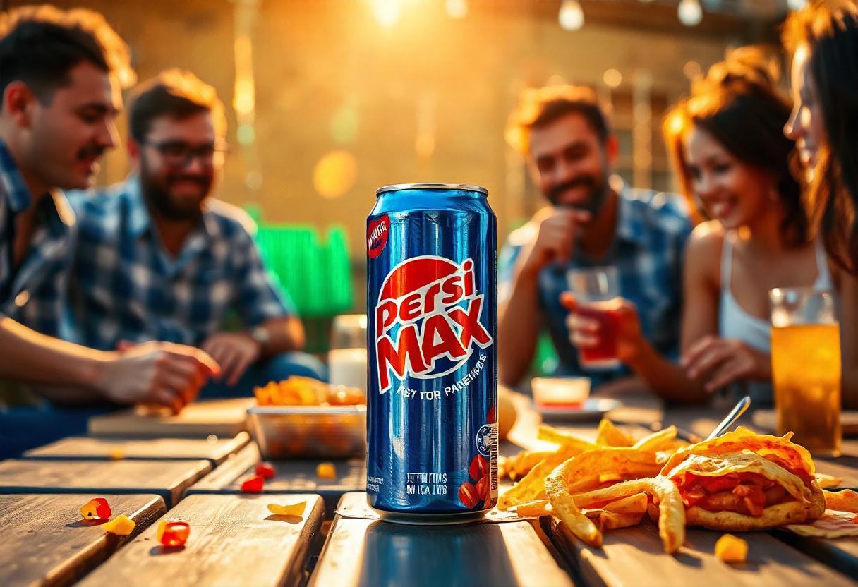 a group of people sitting at a table with a can of soda and fries