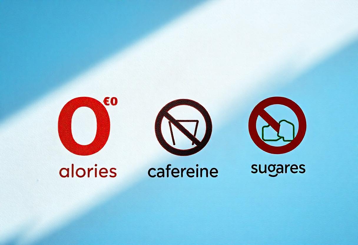 Icons representing zero calories, caffeine-free, and sugar-free qualities of a cola beverage.