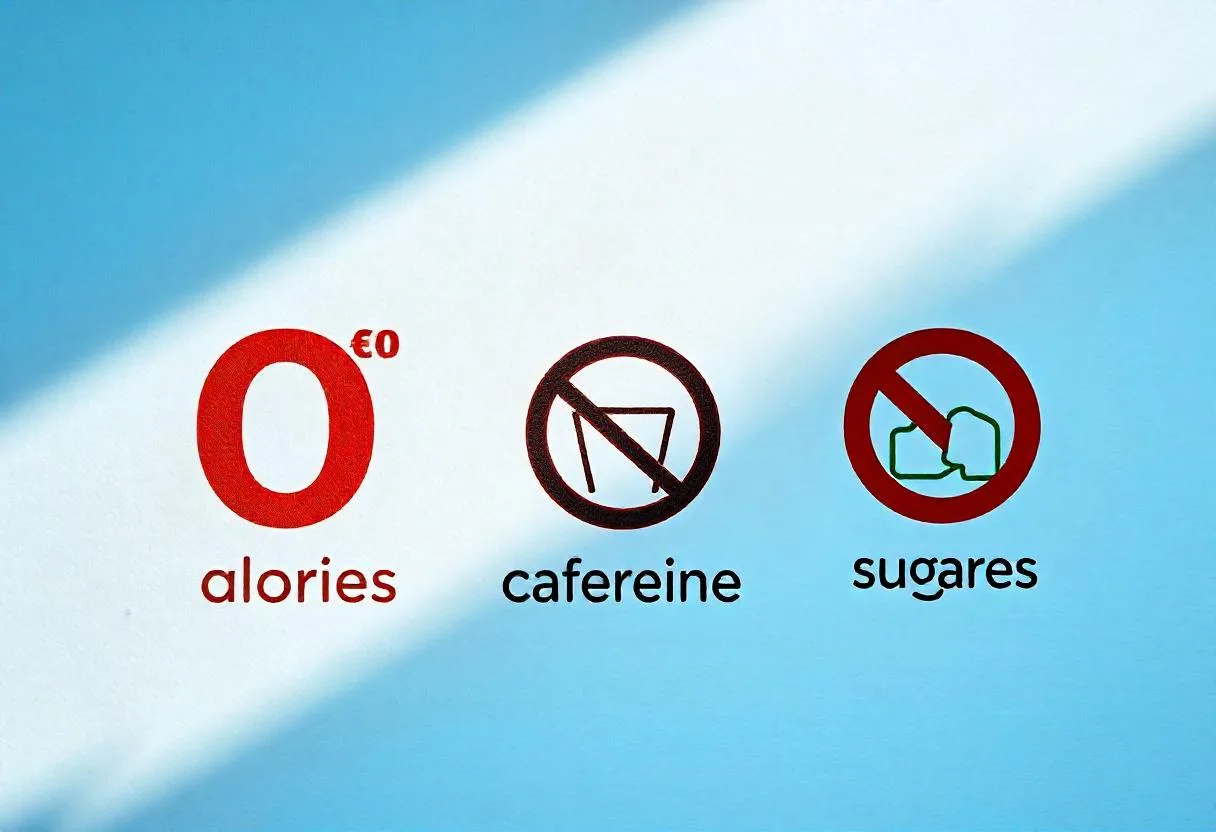 Icons representing zero calories, caffeine-free, and sugar-free qualities of a cola beverage.