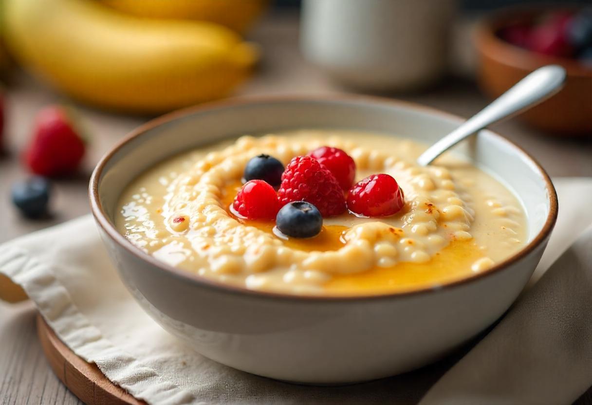 Bowl of Cream of Wheat with fruits and nuts highlighting its nutritional benefits.