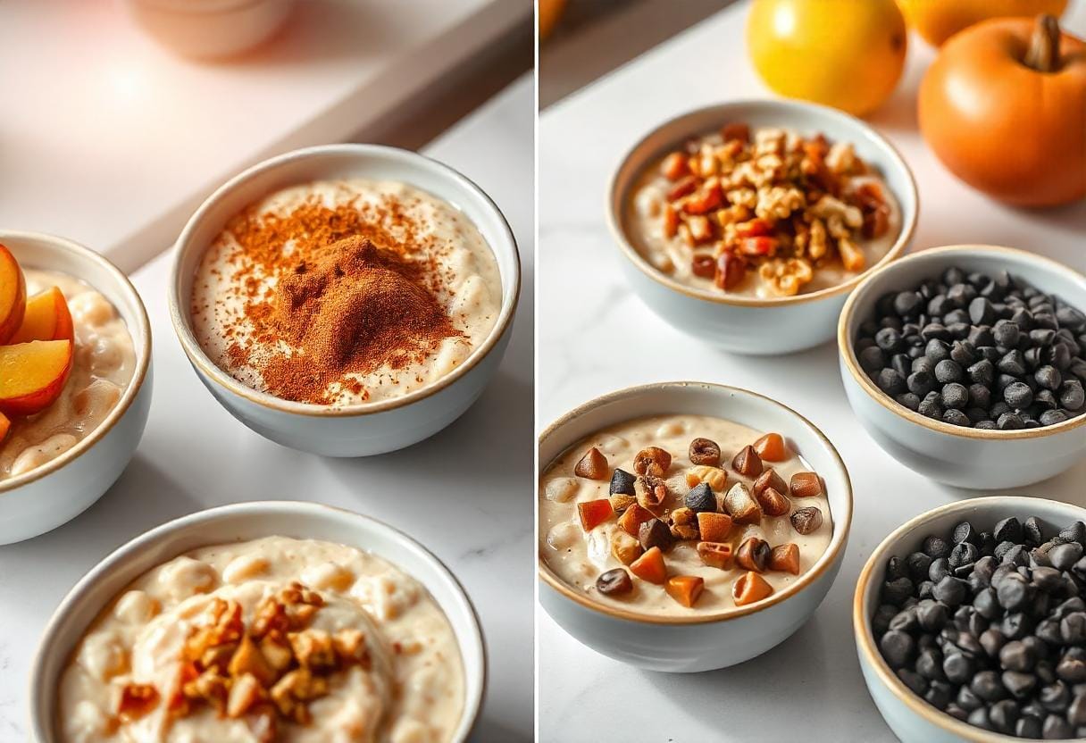 Various creative ways to enjoy Cream of Wheat with different toppings like cinnamon, apple, walnut, and chocolate chips.