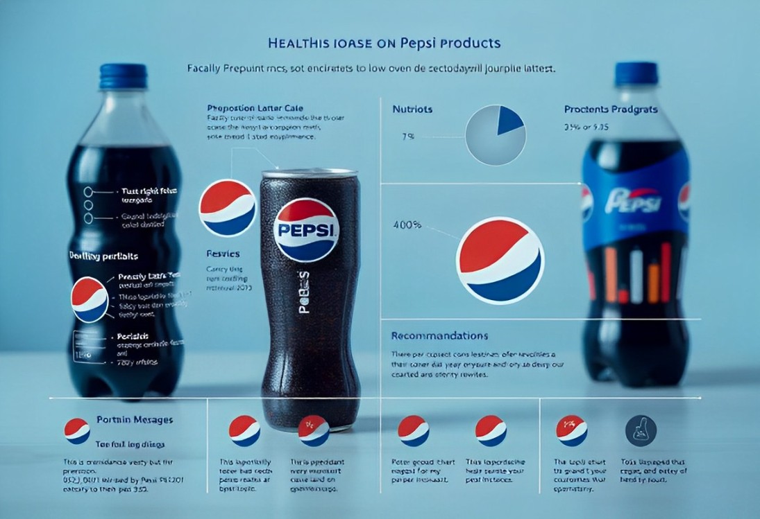 Infographic detailing the health effects, nutritional facts, and recommendations for consuming Pepsi products