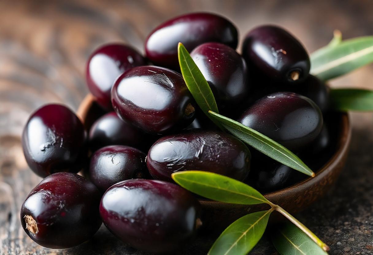 Close-up of deep purple Kalamata olives in a bowl, highlighting their almond shape and rich color.