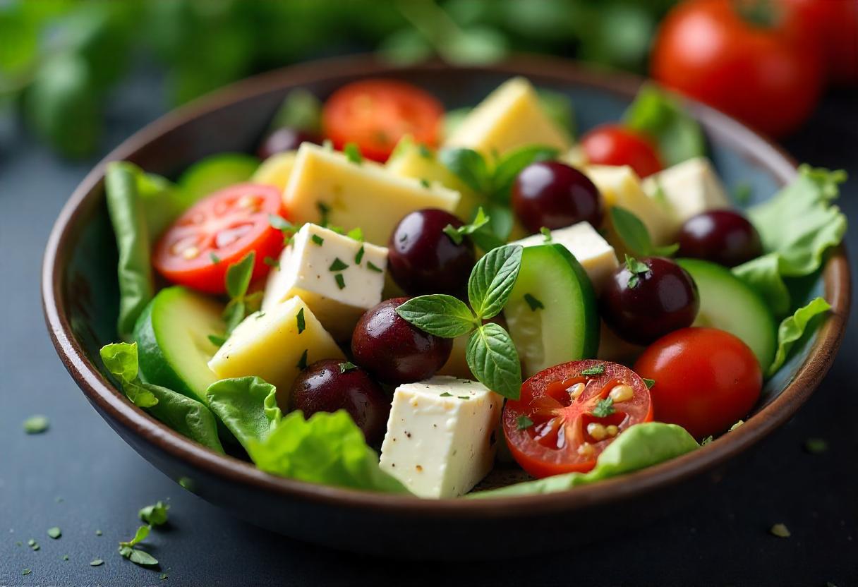 Mediterranean Greek salad with Kalamata olives, cucumbers, tomatoes, and feta cheese, exemplifying classic flavors.