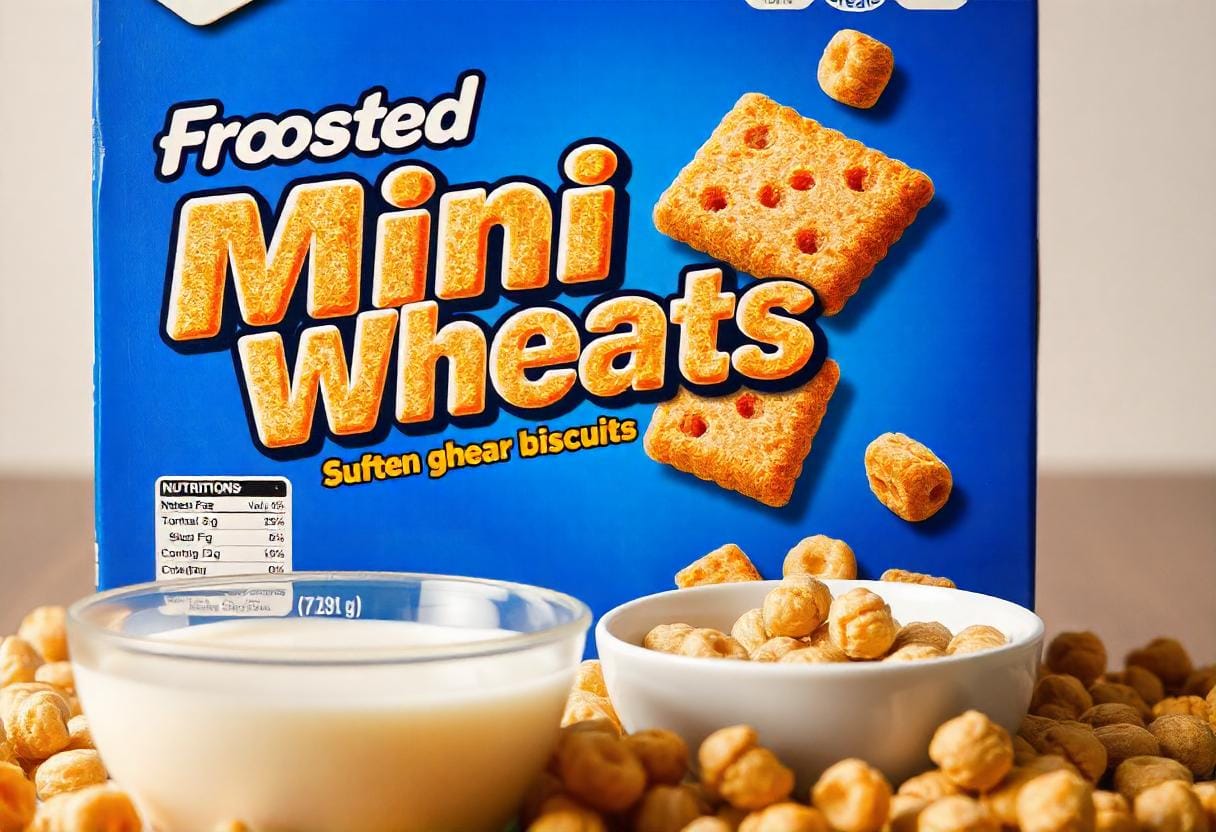 Front view of a Frosted Mini-Wheats cereal box showcasing the nutritional breakfast option