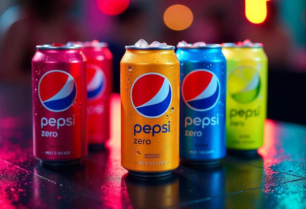 a group of colorful cans of Pepsi Flavors soda