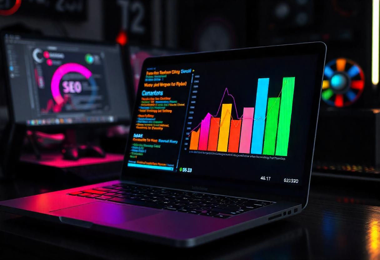 Abstract representation of Technical SEO Agency with a laptop, code snippets, and performance graphs.