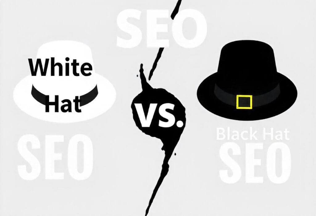 Comparison of White Hat SEO vs Black Hat SEO showing ethical practices for long-term success.