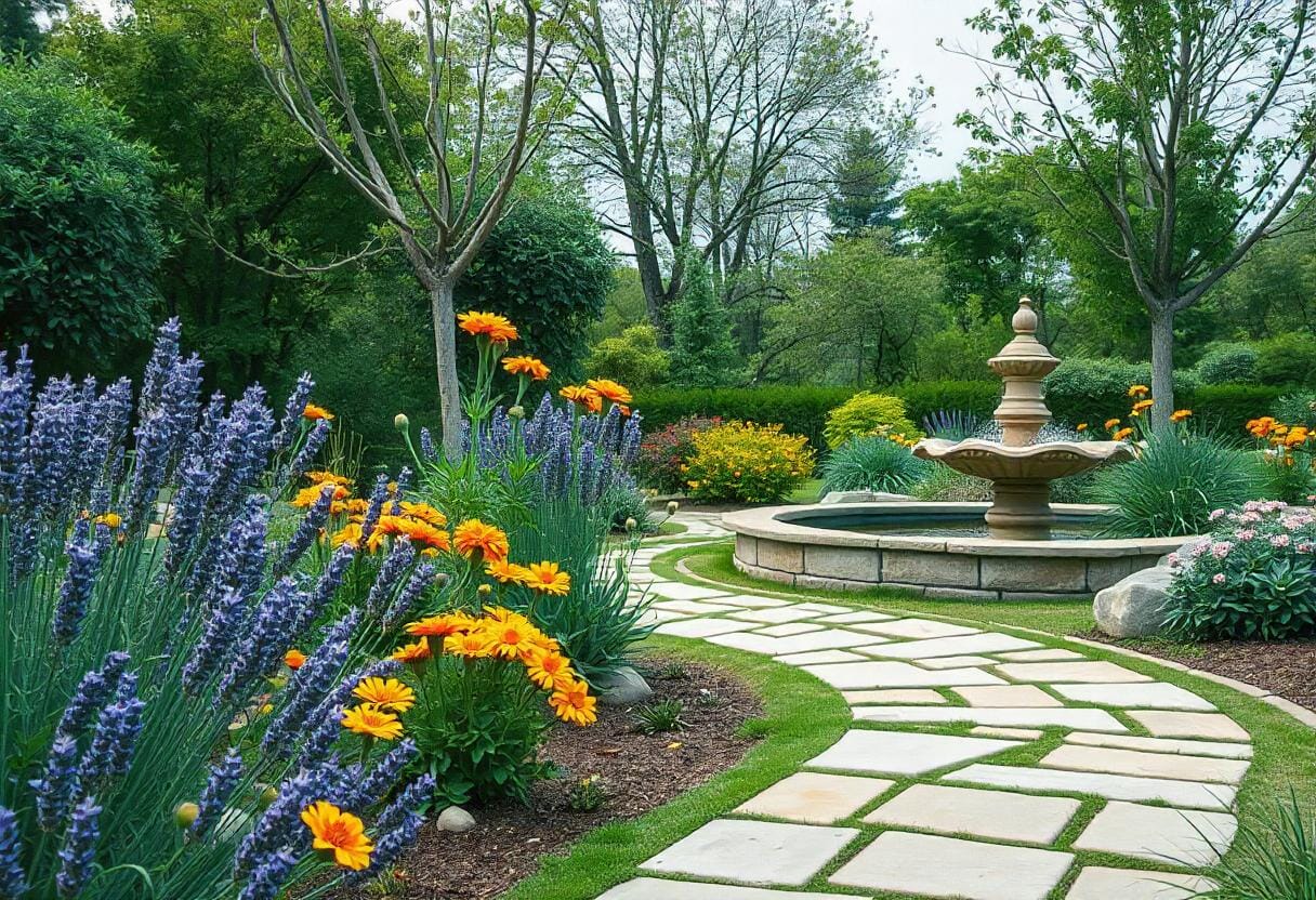 Completed landscaping project featuring a colorful garden with a stone pathway.