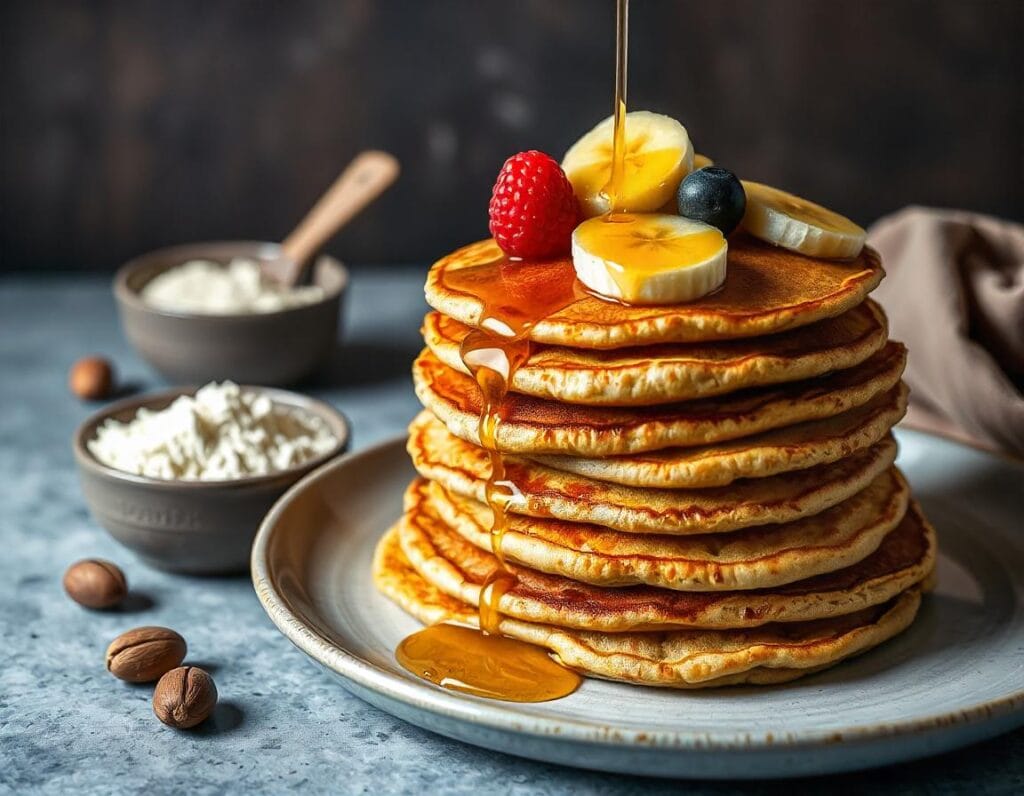 Stack of tiger nut flour pancakes topped with fresh berries, drizzled with syrup, and accompanied by tiger nut flour and tiger nuts.