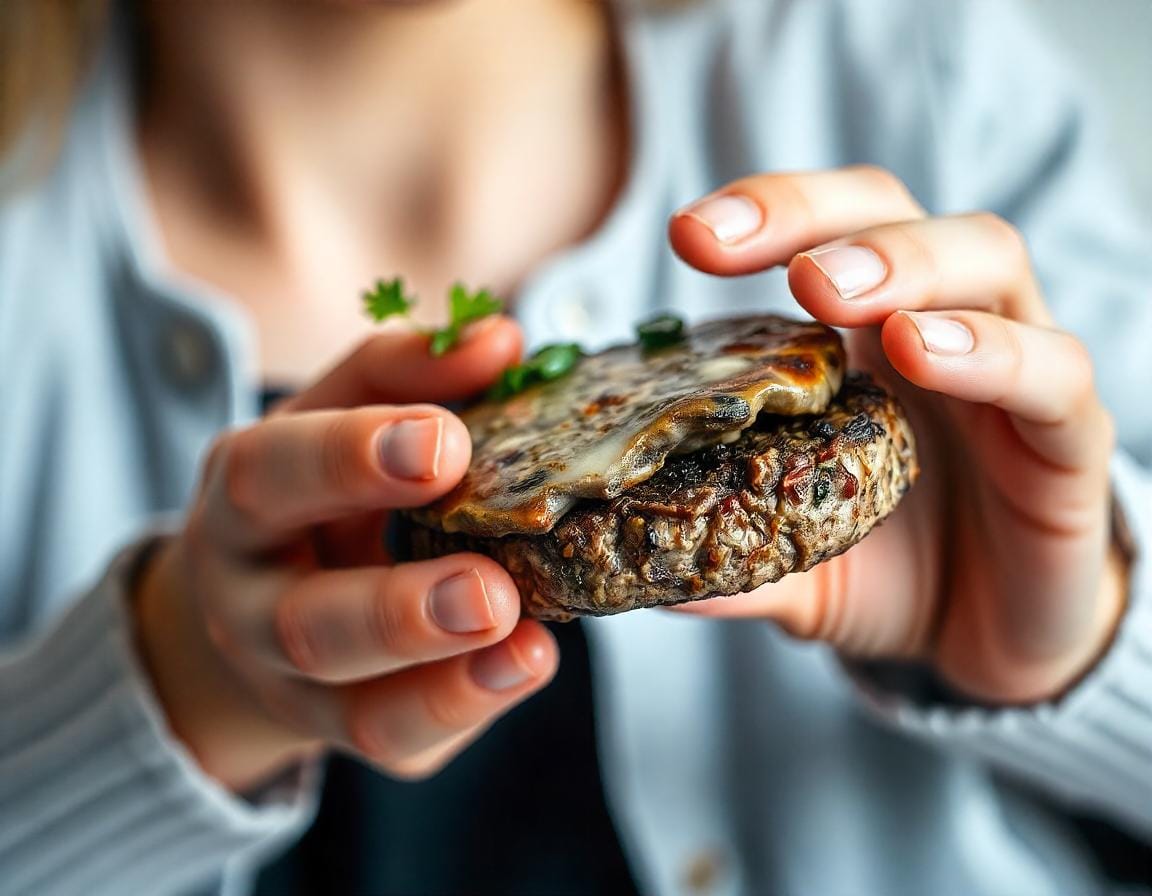 A high-quality image of an assortment of cooked mushroom dishes (e.g., mushroom steak, mushroom burger, and sautéed mushrooms), arranged artfully to highlight the variety of ways mushrooms can replace meat